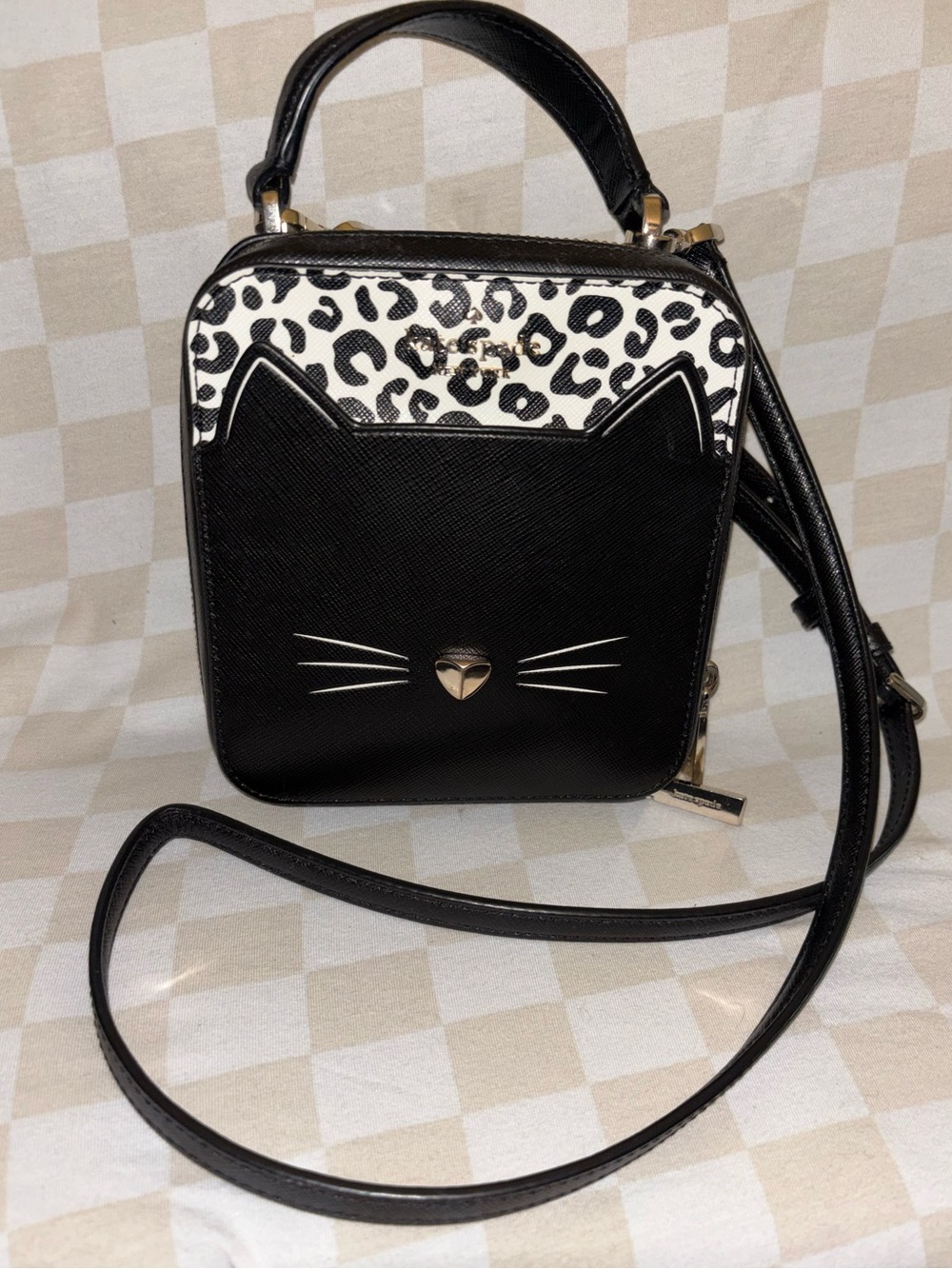 Kate Spade Inspired Black Cat Crossbody Bag with Leopard Accent